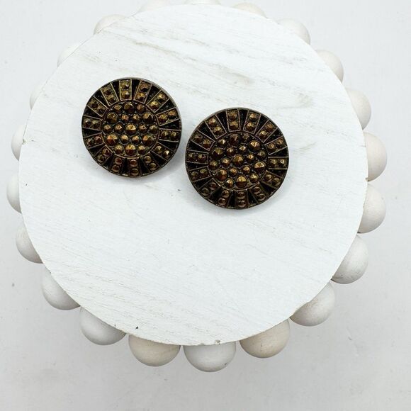 Vintage Czech Glass Black Copper Faux Marcasite Button Earrings Clip On Bohemian - Picture 5 of 5